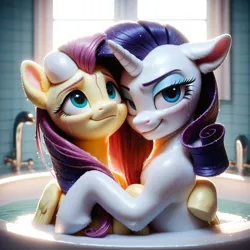 Size: 1280x1280 | Tagged: prompter needed, safe, ai content, derpibooru import, edit, editor:tyto4tme4l, machine learning generated, stable diffusion, fluttershy, rarity, pegasus, pony, unicorn, g4, bathing together, bathroom, bathtub, blurry background, duo, duo female, female, flarity, floppy ears, hoof on head, horn, hug, image, indoors, lesbian, looking at you, looking up, mare, png, semi-realistic, shipping, smiling, upper body, water, wet, window