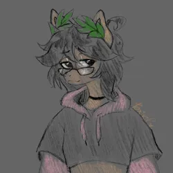 Size: 2048x2048 | Tagged: safe, artist:toxikil, derpibooru import, oc, oc:laurel crown, unofficial characters only, anthro, earth pony, pony, choker, clothes, cropped, femboy, glasses, hoodie, image, male, messy mane, png, short shirt, shy, shy smile, smiling