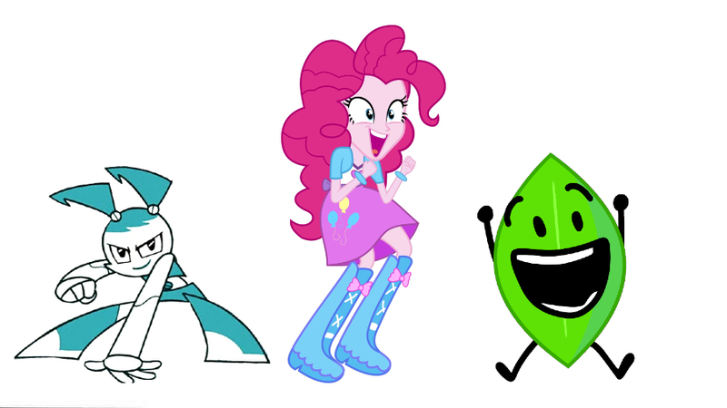 Size: 900x506 | Tagged: safe, artist:strumfreak, pinkie pie, robot, equestria girls, g4, anthropomorphic object, battle for dream island, boots, bracelet, clothes, crossover, female, high heel boots, image, jenny wakeman, jewelry, jpeg, leafy, leafy (battle for dream island), leafy (bfdi), my life as a teenage robot, shoes, skirt, solo, trio, trio female