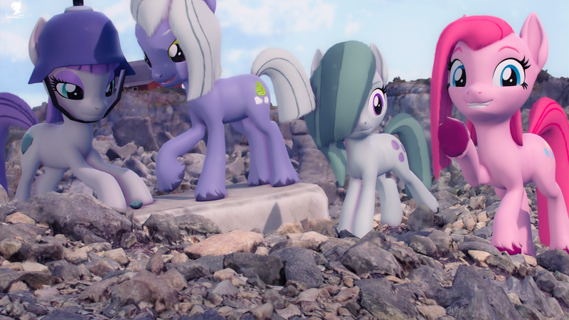 Size: 5120x2880 | Tagged: safe, artist:silkworm205, derpibooru import, limestone pie, marble pie, maud pie, pinkie pie, earth pony, pony, g4, 3d, boulder (g4), colored eyebrows, download at source, downloadable, downloadable content, female, fluffy mane, fluffy tail, image, model, pickelhaube, pie sisters, pinkamena diane pie, png, revamped ponies, rock, rock farm, siblings, sisters, source filmmaker, source filmmaker resource, tail, unshorn fetlocks, waving, waving at you