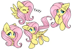 Size: 3000x2000 | Tagged: safe, artist:rejiser, derpibooru import, fluttershy, pegasus, pony, g4, chest fluff, cute, ear fluff, female, floppy ears, flying, image, looking at you, open mouth, png, raised hoof, shyabetes, simple background, smiling, smiling at you, spread wings, tail, white background, wings, yay