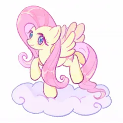 Size: 1080x1080 | Tagged: safe, artist:fadesir, derpibooru import, fluttershy, pegasus, pony, cloud, female, gray background, image, jpeg, mare, on a cloud, raised hoof, simple background, smiling, solo, standing on a cloud