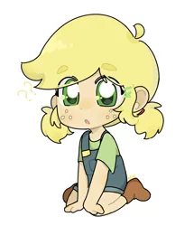 Size: 1276x1485 | Tagged: safe, artist:kunkun32178956, derpibooru import, applejack, human, chibi, clothes, cute, eyebrows visible through hair, eyes visible through hair, freckles, humanized, image, jackabetes, jpeg, kneeling, o mouth, overalls, pigtails, question mark, shirt, shoes, simple background, solo, t-shirt, white background, younger