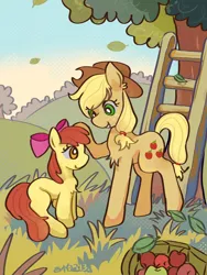 Size: 1080x1440 | Tagged: safe, artist:西帕west_hippa, derpibooru import, apple bloom, applejack, earth pony, pony, apple, apple sisters, apple tree, bucket, female, filly, foal, food, head pat, image, ladder, leaf, mare, pat, png, siblings, sisters, smiling, stairs, tree