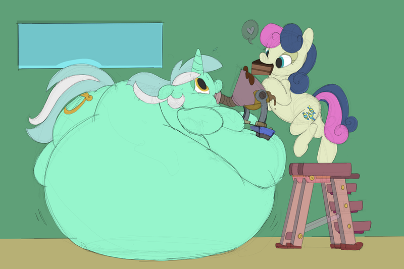 Size: 1280x853 | Tagged: questionable, artist:envy, artist:polofastter, derpibooru import, bon bon, lyra heartstrings, sweetie drops, earth pony, pony, g4, belly, belly bed, big belly, cake, duo, duo female, fat, feeder bon bon, feeding, female, food, funnel, heart, huge belly, image, immobile, impossibly large belly, lard-ra heartstrings, lesbian, lyra feedee, lyrabon, morbidly obese, obese, png, shipping, stuffing, sweat, teary eyes