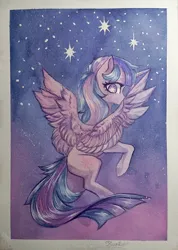 Size: 2847x4000 | Tagged: safe, artist:jsunlight, derpibooru import, twilight sparkle, twilight sparkle (alicorn), alicorn, pony, cutie mark eyes, detailed wings, flying, image, looking back, night, photo, png, signature, solo, stars, traditional art, watercolor painting, wingding eyes