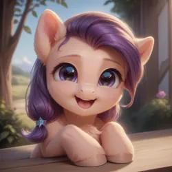 Size: 1024x1024 | Tagged: safe, ai content, derpibooru import, generator:bluefox mix, machine learning generated, prompter:adorablebluefox, stable diffusion, oc, unofficial characters only, earth pony, pony, g4, adorable face, bench, cheek fluff, chest fluff, cute, derpibooru exclusive, detailed, ear fluff, female, filly, fluffy, foal, happy, hoof fluff, image, looking at you, mare, open mouth, open smile, png, purple eyes, purple mane, smiling, smiling at you, solo, tree