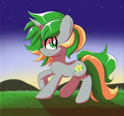 Size: 1600x1500 | Tagged: safe, artist:trackheadtherobopony, derpibooru import, oc, oc:emerald star, unofficial characters only, unicorn, artfight, gift art, horn, image, png, solo, sunset, walking