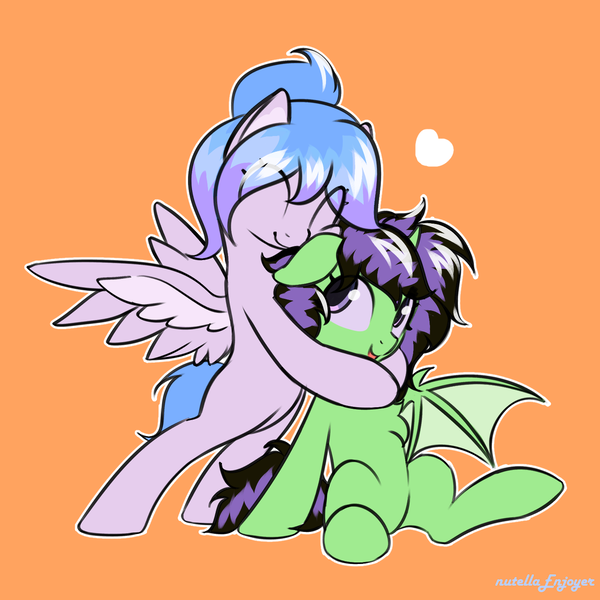 Size: 1500x1500 | Tagged: safe, artist:nutellaenjoyer, ponerpics import, oc, oc:dolores, oc:meen-shei, unofficial characters only, alicorn, pegasus, alicorn oc, bat wings, duo, fur, horn, hug, image, pegasus oc, pegasus wings, png, wings