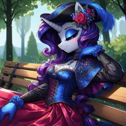 Size: 1024x1024 | Tagged: safe, ai content, derpibooru import, machine learning generated, prompter:glimmy-glam, rarity, anthro, g4, bench, blushing, bush, choker, clothes, corset, dress, elegant, eyes closed, fashion, feather, flower, generator:dall-e 3, gloves, hat, image, jpeg, lace, outfit, rose, shiny, side view, sitting, solo, tree