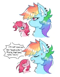 Size: 770x1000 | Tagged: safe, artist:puffyrin, derpibooru import, pinkie pie, rainbow dash, pony, cross-popping veins, crying, dialogue, duo, duo female, ear piercing, emanata, female, i'm not calling you good boy, image, mare, meme, piercing, pinkamena diane pie, png, rejection, simple background, vulgar, white background