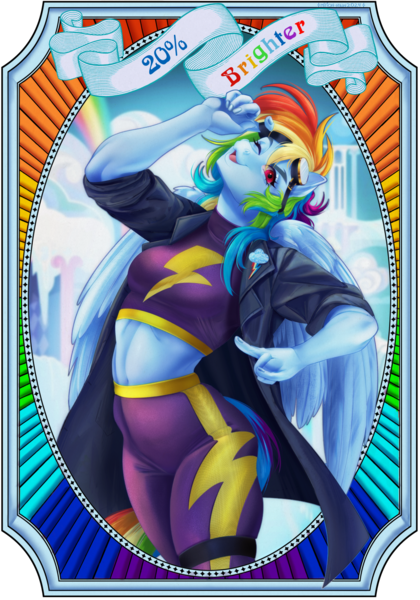 Size: 1050x1500 | Tagged: safe, artist:mifionn, derpibooru import, rainbow dash, anthro, pegasus, fanfic:rainbow factory, clothes, costume, fanfic art, female, image, one eye closed, png, pose, poster, rainbow factory dash, shadowbolts costume, smiling, solo, trenchcoat, wink