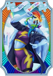 Size: 1050x1500 | Tagged: safe, artist:mifionn, derpibooru import, rainbow dash, anthro, pegasus, fanfic:rainbow factory, clothes, costume, fanfic art, female, image, one eye closed, png, pose, poster, rainbow factory dash, shadowbolts costume, smiling, solo, trenchcoat, wink