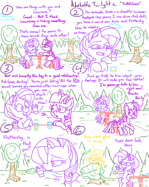 Size: 4779x6013 | Tagged: safe, artist:adorkabletwilightandfriends, derpibooru import, fluttershy, rarity, twilight sparkle, twilight sparkle (alicorn), alicorn, pony, comic:adorkable twilight and friends, adorkable, adorkable twilight, advice, blushing, caught, clothes, comic, concerned, conversation, costume, cute, dork, drink, embarrassed, flower, fluttershy is a tree, forest, friendship, funny, happy, humor, image, nature, nervous, png, relief, sitting, slice of life, smiling, table, tree