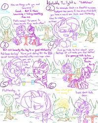 Size: 4779x6013 | Tagged: safe, artist:adorkabletwilightandfriends, derpibooru import, fluttershy, rarity, twilight sparkle, twilight sparkle (alicorn), alicorn, pony, comic:adorkable twilight and friends, adorkable, adorkable twilight, advice, blushing, caught, clothes, comic, concerned, conversation, costume, cute, dork, drink, embarrassed, flower, fluttershy is a tree, forest, friendship, funny, happy, humor, image, nature, nervous, png, relief, sitting, slice of life, smiling, table, tree