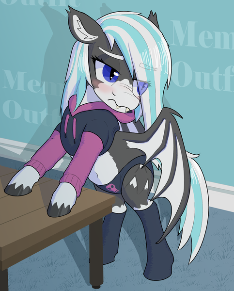 Size: 1740x2160 | Tagged: suggestive, artist:sufficient, derpibooru import, oc, oc:snowcap, bat pony, pony, belly, belly button, blue background, blue eyes, carpet, clothes, coat markings, cropped, cropped hoodie, croptop, ear fluff, gray coat, hoodie, image, markings, midriff, multicolored coat, on table, paggi outfit, panties, png, short shirt, simple background, socks, socks (coat marking), solo, table, thigh highs, underwear, white mane