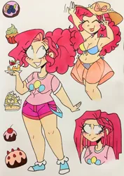 Size: 2087x2943 | Tagged: safe, artist:citi, derpibooru import, pinkie pie, human, beach hat, bikini, cake, clothes, cupcake, eyes closed, female, food, happy, hat, humanized, image, jpeg, pie, pinkamena diane pie, shorts, smiling, swimsuit, tongue out