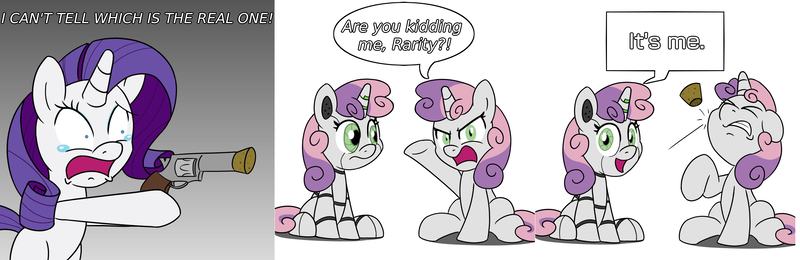 Size: 2768x900 | Tagged: safe, artist:unitxxvii, derpibooru import, rarity, sweetie belle, pony, robot, robot pony, unicorn, g4, cork, cork gun, crying, dialogue, duality, duo, duo female, eyes closed, female, filly, foal, frown, gradient background, gritted teeth, hoof hold, horn, image, looking at you, mare, missing cutie mark, open mouth, open smile, png, pop gun, self paradox, self ponidox, simple background, sitting, smiling, smiling at you, solo, speech bubble, sweetie bot, teary eyes, teeth, white background, wrong target