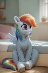 Size: 1200x1792 | Tagged: safe, ai content, derpibooru import, generator:pony realism 2.1, machine learning generated, prompter:cayuse, stable diffusion, rainbow dash, pegasus, pony, abdl, bed, bedroom, clothes, hooves, image, jpeg, onesie, pacifier, pajamas, realistic, sitting, wings