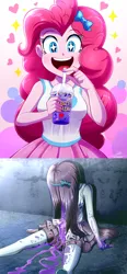 Size: 2234x4815 | Tagged: grimdark, artist:the-butch-x, derpibooru import, edit, pinkie pie, human, equestria girls, g4, breasts, clothes, cute, death, diapinkes, faceless female, female, grimace shake, hair covering face, high res, image, jpeg, know your meme, mcdonald's, meme, messy eating, my little pony equestria girls: better together, offscreen character, open mouth, open smile, pinkamena diane pie, shoes, skirt, sleeveless, smiling, socks, solo, starry eyes, stockings, teenager, thigh highs, this will not end well, tiktok, wingding eyes