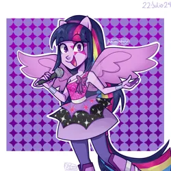 Size: 1280x1280 | Tagged: safe, artist:kikimi34454, derpibooru import, twilight sparkle, equestria girls, g4, alternate hairstyle, boots, clothes, cute, dress, face paint, female, image, jpeg, microphone, midriff, open mouth, ponied up, shoes, solo, twiabetes
