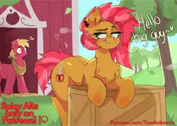 Size: 2800x2000 | Tagged: suggestive, artist:tombstonie, derpibooru import, babs seed, big macintosh, earth pony, pony, g4, applecest, barn, bigbabs, blushing, butt, butt shake, chest fluff, cousin, cousin incest, cousins, ear piercing, female, flirting, image, implied incest, incest, leaning, male, mare, older, patreon, piercing, plot, png, stallion, straw in mouth, unshorn fetlocks