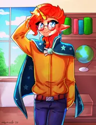 Size: 2550x3300 | Tagged: safe, artist:mylittleyuri, derpibooru import, sunburst, human, belt, blushing, cloak, clothes, dark skin, denim, elf ears, glasses, globe, horn, horned humanization, humanized, image, jeans, male, pants, png, shirt, solo, sunburst's cloak, vitiligo, window