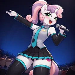 Size: 1024x1024 | Tagged: safe, ai content, derpibooru import, generator:civitai, machine learning generated, prompter:shajoe, stable diffusion, sweetie belle, anthro, unicorn, clothes, concert, cosplay, costume, generator:pony diffusion v6 xl, hatsune miku, high ponytail, horn, image, jpeg, microphone, ponytail, singing, skirt, vocaloid