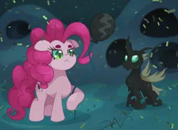 Size: 2397x1752 | Tagged: safe, artist:swasfews, derpibooru import, pinkie pie, queen chrysalis, oc, changeling, earth pony, balloon, changeling oc, confetti, disguise, disguised changeling, duo, image, jpeg