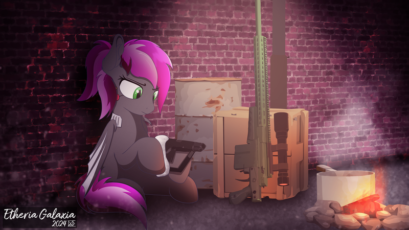 Size: 3840x2160 | Tagged: safe, artist:etheria galaxia, derpibooru import, oc, oc:bitwise operator, unofficial characters only, bat pony, cyber pony, cyborg, pony, campfire, ear fluff, female, fire, gun, handgun, image, mare, pistol, png, rifle, scope, sniper rifle, watermark, weapon, wings