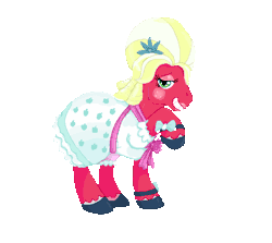 Size: 560x500 | Tagged: safe, artist:thefredricus, derpibooru import, big macintosh, earth pony, pony, brotherhooves social, g4, animated, blinking, bloomers, blushing, bow, bowtie, clothes, crossdressing, digital art, dress, eyeshadow, flower, flower in hair, gif, grin, hairpin, hoof shoes, image, lidded eyes, lipstick, looking at you, makeup, male, orchard blossom, pixel art, profile, raised hoof, simple background, smiling, smiling at you, solo, sparkling, sparkling smile, stallion, transparent background, wig