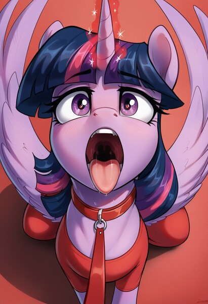 Size: 832x1216 | Tagged: questionable, ai content, derpibooru import, machine learning generated, prompter:bbg, stable diffusion, twilight sparkle, twilight sparkle (alicorn), alicorn, pony, clothes, collar, female, glow, glowing horn, horn, image, jpeg, leash, looking at you, looking up, looking up at you, mare, open mouth, pants, short shirt, solo, solo female, spandex, spread wings, tongue out, wings, yoga pants