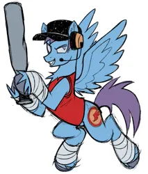 Size: 599x702 | Tagged: safe, artist:k0br4, derpibooru import, ponified, pegasus, pony, bandage, baseball bat, cap, clothes, flying, hat, headphones, holding, image, looking at you, png, scout (tf2), shirt, smiling, smiling at you, solo, team fortress 2, unshorn fetlocks, wings