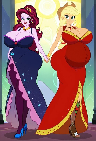 Size: 832x1216 | Tagged: questionable, ai content, machine learning generated, prompter:tiamatnightmare, applejack, cherry jubilee, human, equestria girls, castle, cherryjack, clothes, dress, female, humanized, image, jpeg, lesbian, ponytail, pregnant, princess dress, shipping