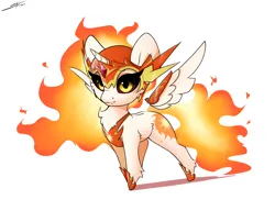 Size: 3000x2300 | Tagged: safe, artist:skitsniga, derpibooru import, daybreaker, alicorn, pony, g4, chest fluff, chibi, female, fire, floating wings, helmet, hoof shoes, image, jewelry, mare, png, regalia, signature, simple background, solo, spread wings, white background, wings