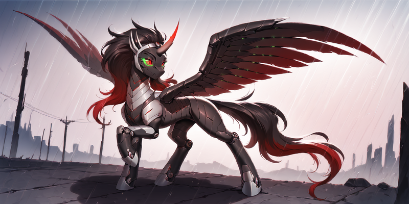 Size: 2400x1200 | Tagged: safe, ai content, derpibooru import, machine learning generated, prompter:greesys, king sombra, alicorn, cyborg, pony, robot, armor, image, png, queen umbra, rain, rule 63, solo, spread wings, wings