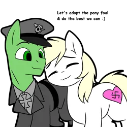 Size: 2000x2000 | Tagged: safe, ponerpics import, oc, oc:anon, oc:anon stallion, oc:aryanne, unofficial characters only, earth pony, pony, clothes, couple, dialogue, female, happy, image, male, male and female, mare, military uniform, nazi, png, simple background, smiley face, smiling, smiling at each other, stallion, text, transparent background, uniform, wholesome