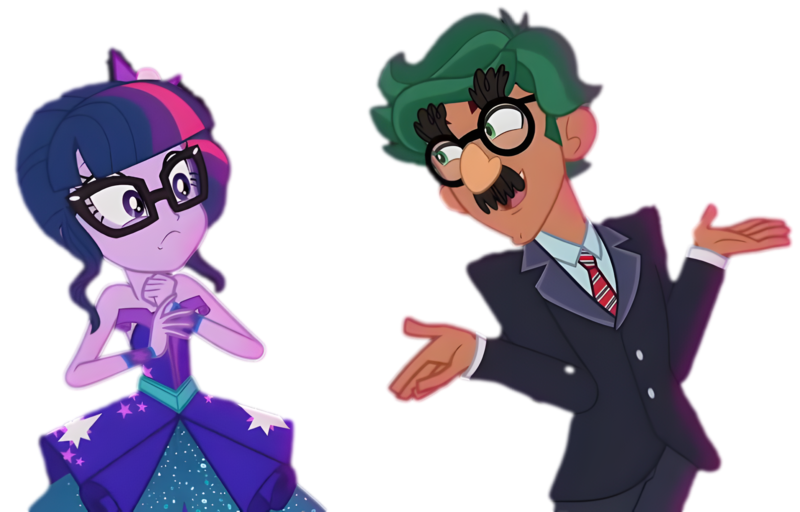 Size: 7500x4800 | Tagged: safe, derpibooru import, edit, edited screencap, screencap, sci-twi, timber spruce, twilight sparkle, human, equestria girls, g4, background removed, blooper, clothes, dress, duo, duo male and female, female, funny, glasses, groucho marx, groucho mask, groucho spruce, hatless, image, male, missing accessory, my little pony equestria girls: legend of everfree, necktie, png, shipping, shipping fuel, shirt, shrug, simple background, straight, suit, teenager, timbertwi, transparent background