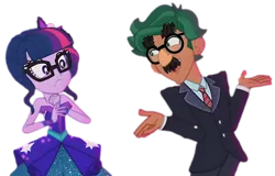 Size: 7500x4800 | Tagged: safe, derpibooru import, edit, edited screencap, screencap, sci-twi, timber spruce, twilight sparkle, human, equestria girls, g4, background removed, blooper, clothes, dress, duo, duo male and female, female, funny, glasses, groucho marx, groucho mask, groucho spruce, hatless, image, male, missing accessory, my little pony equestria girls: legend of everfree, necktie, png, shipping, shipping fuel, shirt, shrug, simple background, straight, suit, teenager, timbertwi, transparent background