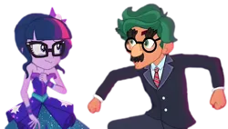 Size: 7956x4524 | Tagged: safe, derpibooru import, edit, edited screencap, screencap, sci-twi, timber spruce, twilight sparkle, human, equestria girls, g4, background removed, blooper, clothes, duo, duo male and female, female, funny, glasses, groucho marx, groucho mask, groucho spruce, hatless, image, male, missing accessory, my little pony equestria girls: legend of everfree, png, simple background, suit, teenager, transparent background