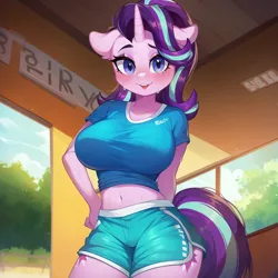 Size: 1536x1536 | Tagged: suggestive, ai content, derpibooru import, machine learning generated, prompter:funnyglow144, stable diffusion, starlight glimmer, anthro, unicorn, g4, belly, belly button, big breasts, blushing, breasts, busty starlight glimmer, clothes, generator:pony diffusion v6 xl, gym, horn, image, indoors, midriff, open mouth, png, sexy, shirt, shorts, solo, sports shorts, standing, stupid sexy starlight glimmer, sweat, t-shirt, tree, underwear, wet