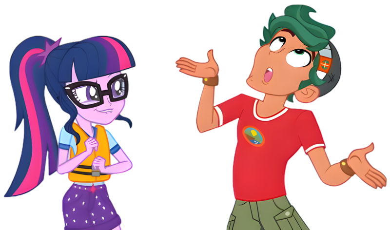 Size: 7812x4608 | Tagged: safe, derpibooru import, edit, edited screencap, screencap, sci-twi, timber spruce, twilight sparkle, equestria girls, g4, amused, background removed, blooper, camp everfree logo, camp everfree outfits, clothes, curly hair, duo, duo male and female, female, funny, funny face, glasses, goofy, hat, image, lifejacket, lip bite, male, my little pony equestria girls: legend of everfree, png, ponytail, shirt, shorts, simple background, transparent background