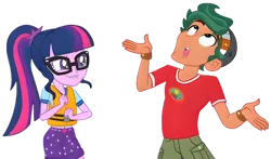 Size: 7812x4608 | Tagged: safe, derpibooru import, edit, edited screencap, screencap, sci-twi, timber spruce, twilight sparkle, equestria girls, g4, amused, background removed, blooper, camp everfree logo, camp everfree outfits, clothes, curly hair, duo, duo male and female, female, funny, funny face, glasses, goofy, hat, image, lifejacket, lip bite, male, my little pony equestria girls: legend of everfree, png, ponytail, shirt, shorts, simple background, transparent background