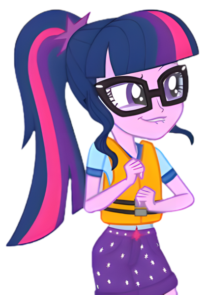 Size: 2795x4018 | Tagged: safe, derpibooru import, edit, edited screencap, screencap, sci-twi, twilight sparkle, equestria girls, g4, background removed, belt, belt buckle, blooper, camp everfree outfits, clothes, female, glasses, image, lifejacket, lip bite, my little pony equestria girls: legend of everfree, out of context, png, ponytail, shirt, shorts, simple background, solo, solo female, transparent background