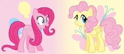 Size: 2192x952 | Tagged: safe, artist:cmors12, derpibooru import, fluttershy, pinkie pie, earth pony, pegasus, g4, alternate hairstyle, cutie mark, duo, duo female, female, gradient background, hairstyle swap, image, png