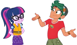 Size: 7800x4608 | Tagged: safe, derpibooru import, edit, edited screencap, screencap, sci-twi, timber spruce, twilight sparkle, human, equestria girls, g4, amused, blooper, camp everfree logo, camp everfree outfits, clothes, cute, duo, duo male and female, female, glasses, hat, image, lifejacket, male, my little pony equestria girls: legend of everfree, not a vector, png, ponytail, shipping, shipping fuel, shirt, shorts, shrug, simple background, smiling, straight, timbertwi, transparent background