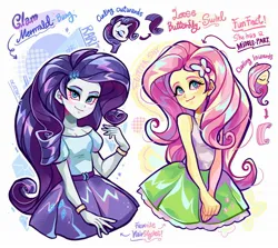 Size: 2048x1828 | Tagged: safe, artist:libbly_libby, derpibooru import, fluttershy, rarity, butterfly, human, insect, pegasus, unicorn, equestria girls, g4, 2d, clothes, cutie mark, cutie mark on clothes, diamond, duo, duo female, eyes closed, eyeshadow, female, gold, hair tutorial, hairclip, horn, image, jpeg, looking at you, makeup, shirt, short sleeves, skirt, sleeveless, sleeveless shirt, smiling, smiling at you, wrist cuffs