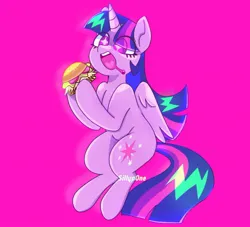 Size: 1018x925 | Tagged: safe, artist:sillyp0ne, derpibooru import, twilight sparkle, twilight sparkle (alicorn), alicorn, pony, g4, bangs, bright background, burger, colored eyelashes, cute, drool, eye clipping through hair, eyelashes, female, food, hay burger, heart tongue, hoof hold, horn, image, jpeg, long mane, long tail, looking at something, mare, multicolored mane, multicolored tail, open mouth, open smile, partially open wings, pink background, purple coat, purple eyelashes, purple eyes, saturated, shiny mane, shiny tail, simple background, smiling, solo, sparkly eyes, starry eyes, straight mane, straight tail, tail, teeth, that pony sure does love burgers, three toned mane, three toned tail, twiabetes, twilight burgkle, unicorn horn, wall of tags, watermark, wingding eyes, wings