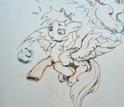 Size: 2048x1761 | Tagged: safe, artist:laymy, derpibooru import, derpy hooves, pegasus, pony, g4, bubble, emanata, female, flying, image, jpeg, looking at something, mare, pen drawing, sketch, solo, spread wings, traditional art, wings
