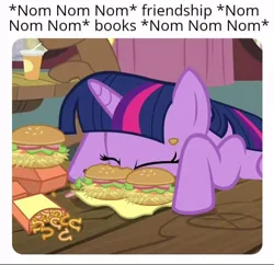 Size: 546x528 | Tagged: safe, derpibooru import, twilight sparkle, twilight sparkle (alicorn), alicorn, g4, twilight time, burger, caption, eating, food, hay burger, image, jpeg, meme, nom, text, twilight burgkle